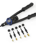13-Inch Nut And Thread Hand Riveter Kit With Toolless Quick-Change Head, mandrels, and nose pieces displayed on a white background.