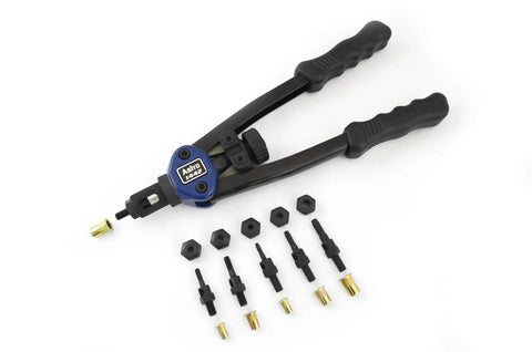 13-Inch Nut And Thread Hand Riveter Kit With Toolless Quick-Change Head, mandrels, and nose pieces displayed on a white background.