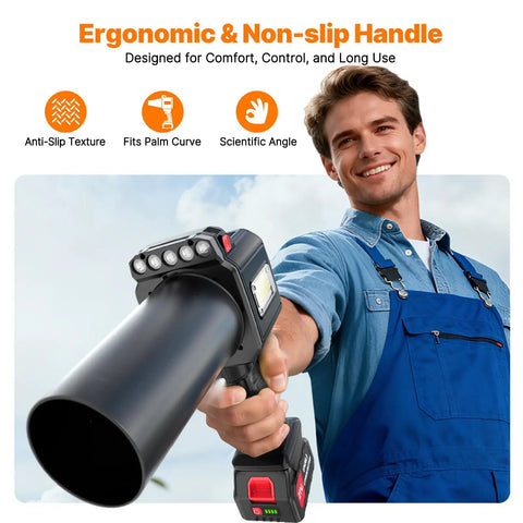 Man holding Cordless Brushless Leaf Blower With 900G Blowing Power Turbo Jet Beast Mode 480W Motor Dual 3000mAh Batteries
