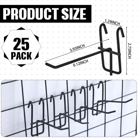 Side view of 25 pack 4 Inch Grid Wall Hooks Set 25 Pcs Stainless Steel Grid Panel Hangers For Wall Mount Storage