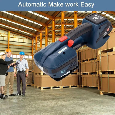 Kickstart Your Packaging Hustle With This Badass 4000mah Battery Powered Strapping Tool in warehouse setting with boxes.