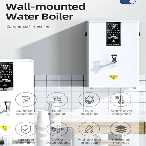 Ready In A Flash Heavy Duty Commercial Instant Hot Water Dispenser With Eighty Liter Capacity And Rapid Three Thousand Watt Layered Heating For Busy Cafes And Restaurants Plus Built In Filter And Led Digital Display, wall-mounted, white, LED control.