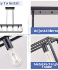 Farmhouse Rectangle Chandelier For Dining Room And Kitchen Island, Modern Linear Hanging Light Fixture, Matte Black frame details