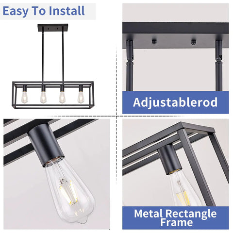 Farmhouse Rectangle Chandelier For Dining Room And Kitchen Island, Modern Linear Hanging Light Fixture, Matte Black frame details