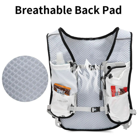 Lightweight Hydration Backpack For Running And Hiking With 1.5L Water Reservoir showing breathable back pad and pockets