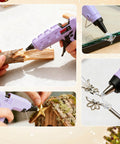 Collage of using Crystal Clear Hot Glue Sticks 8 Inch By 0.43 Inch 30 Pack For Hot Glue Gun on wood, glass, fabric, jewelry.