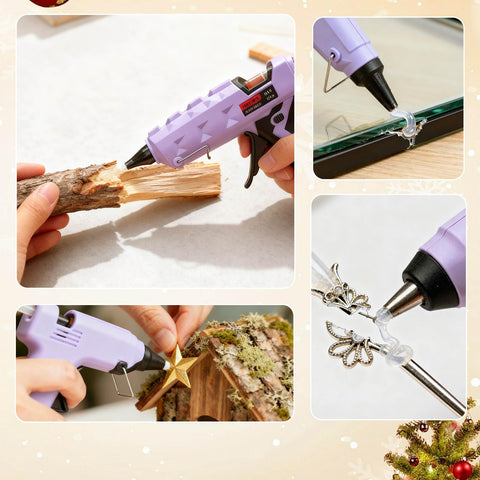 Collage of using Crystal Clear Hot Glue Sticks 8 Inch By 0.43 Inch 30 Pack For Hot Glue Gun on wood, glass, fabric, jewelry.