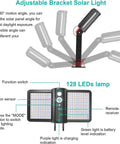 Diagram of Remote Solar Motion Sensor Flood Lights, 128 LED Ultra Bright Outdoor Security Flood Lights, showing adjustable bracket and features.