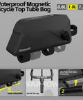 Slim Fit Bike Top Tube Bag Waterproof IPX4 Magnetic Closure Frame Pouch For Road And MTB illustration showing features and sizes.