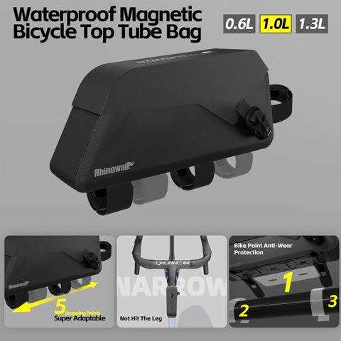 Slim Fit Bike Top Tube Bag Waterproof IPX4 Magnetic Closure Frame Pouch For Road And MTB illustration showing features and sizes.