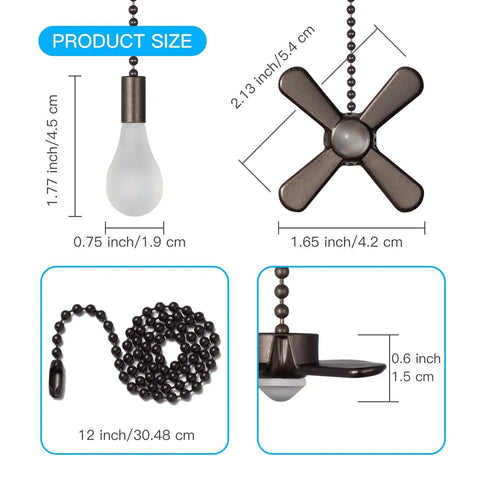Beaded Ball Ceiling Fan Pull Chain Set With Zinc Alloy Bead Extenders And Connectors Includes Four Pendant Chains Two 36 Inch Extensions Eight Extra Connectors Easy Install Rust Proof Oil Rubbed Bronze, showing chain and pendant sizes.
