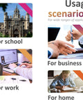 Image showing usage scenarios for school, business, work, and home with corresponding visuals for each context.