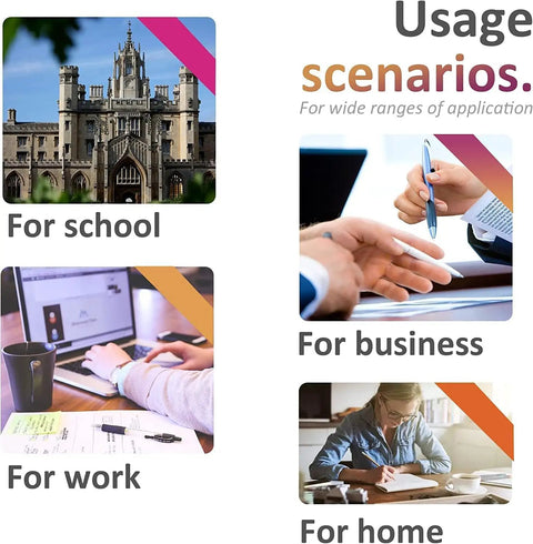 Image showing usage scenarios for school, business, work, and home with corresponding visuals for each context.
