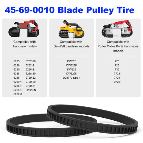 Image of Replacement Bandsaw Pulley Tires 45-69-0010 2 Pack for Portable Saws Budget Friendly Rubber with compatibility details.