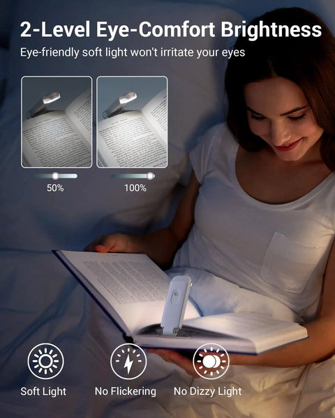 Woman reading in bed with Clip On Book Light With USB Rechargeable Power, Eye Friendly White LED Reading Lamp, showing brightness levels.