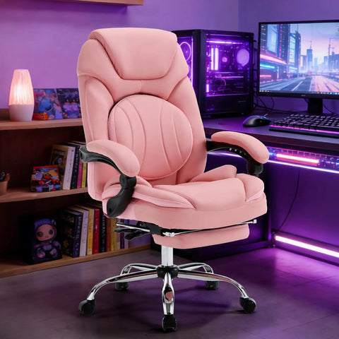 Comfy Reclining Office Chair With Footrest For Women, Wide Seat Big Tall Ergonomic Gaming Desk Chair in pink setup
