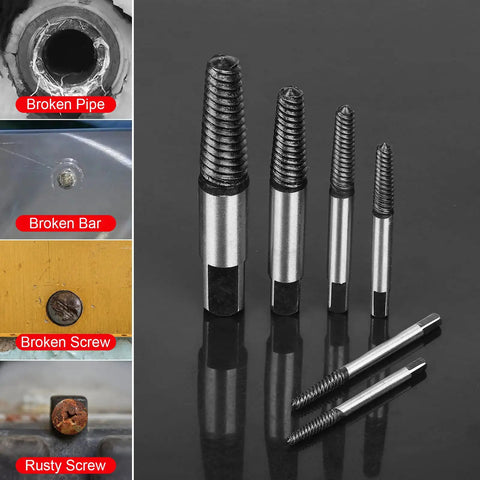 8 Piece Broken Water Pipe Extractor Set For Removing Stripped Screws And Broken Bolts Damaged Screw And Bolt Remover Kit Pro Grade Alloy Steel Construction Rustproof Finish For Tough Pipes shown with examples of broken pipes and screws.