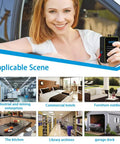 Woman holding device, with background showing scenes for product use in hotels, kitchens, garages; Compact Auto Fire Extinguisher That Activates In Three To Five Seconds For Cars Boats And Electrical Panels Eco Friendly And Clean Fire Suppression For Engine Compartments Cabins And Small Spaces Easy Automatic Safety Gear You Can Trust.