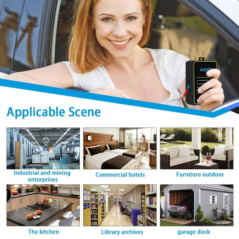 Woman holding device, with background showing scenes for product use in hotels, kitchens, garages; Compact Auto Fire Extinguisher That Activates In Three To Five Seconds For Cars Boats And Electrical Panels Eco Friendly And Clean Fire Suppression For Engine Compartments Cabins And Small Spaces Easy Automatic Safety Gear You Can Trust.