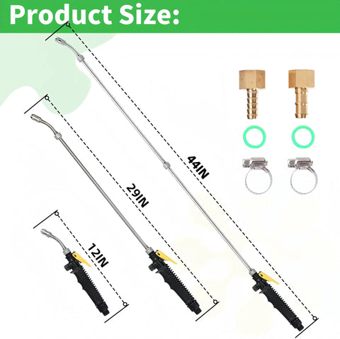Universal Stainless Steel Sprayer Wand With Shut Off Valve 29 Inch Garden Watering And Car Wash Kit Includes One Quarter And Three Eighths Brass Fittings Hose Clamps And Teflon Tape, shown in three sizes with accessories.