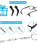 5 Pack Premium Leather Eyeglass Straps Anti Slip Eyewear Chains Lanyard Adjustable Retainers Sport Sunglass Holder Strap For Men And Women Includes Free Silicone Ear Grips And Multi Function Screwdriver Gifts shown with bonus silicone ear hooks and screwdriver tool close-up