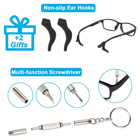 5 Pack Premium Leather Eyeglass Straps Anti Slip Eyewear Chains Lanyard Adjustable Retainers Sport Sunglass Holder Strap For Men And Women Includes Free Silicone Ear Grips And Multi Function Screwdriver Gifts shown with bonus silicone ear hooks and screwdriver tool close-up