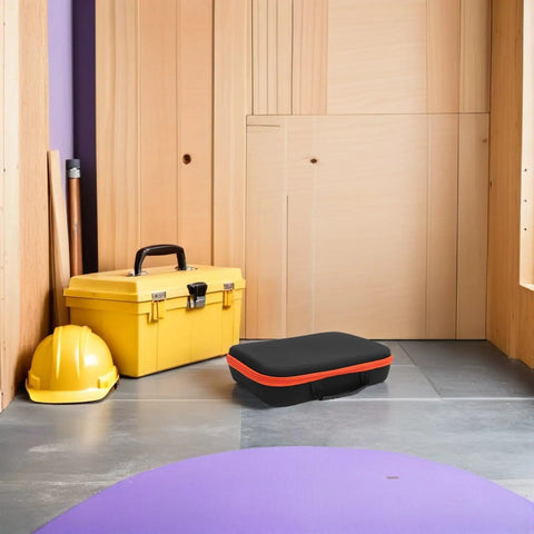 Rugged EVA Tool Storage Case For Drill Driver And Grinder with yellow toolbox, hard hat in a wood-paneled room