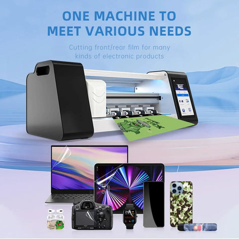 Universal Screen Protector Cutter With Touch Screen and Multi Language Support, displaying multiple device films.