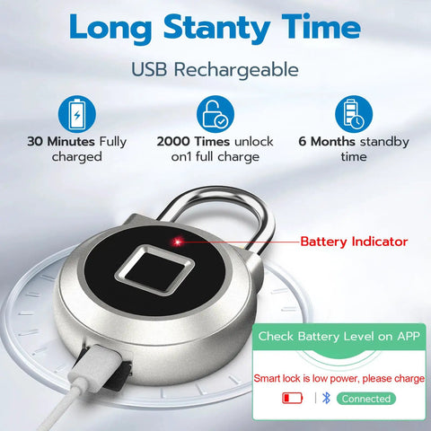 Biometric Fingerprint Padlock With Bluetooth App Control No Key Needed For Locker Or Gym Storage Luggage