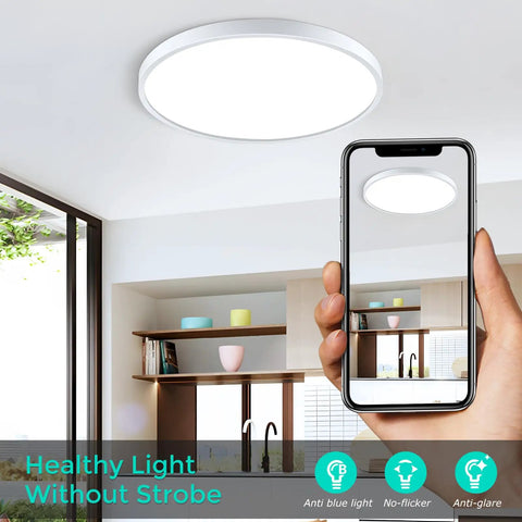 Hella Bright 12 Inch LED Flush Mount Ceiling Light Slim Flat Round Fixture 5000K Daylight White in a modern kitchen