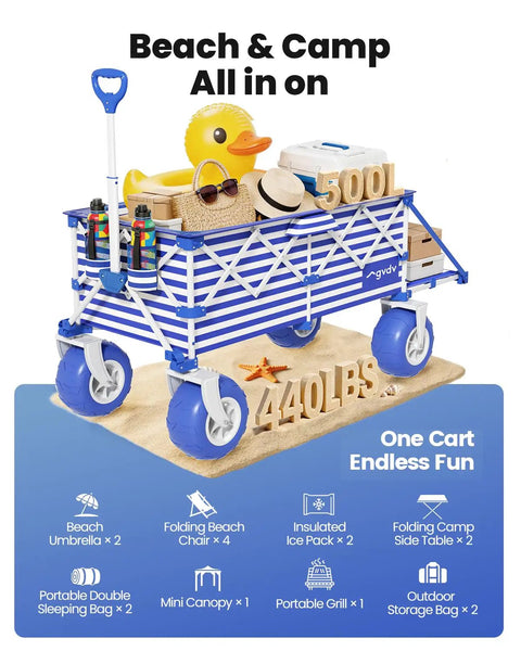 Heavy Duty Beach Wagon With 9 Inch Balloon Wheels And Tailgate Foldable Sand Cart For Easy Load Up 440 Lb Capacity