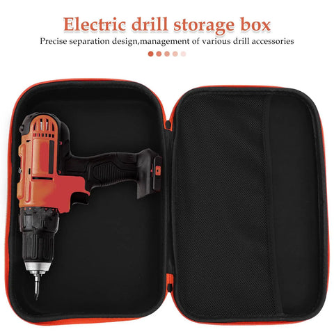 Open Rugged EVA Tool Storage Case For Drill Driver And Grinder With Window showing a red drill, mesh pocket, precision divider