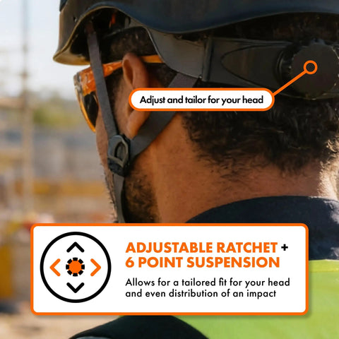 Back view of a person wearing Job Site Ready Safety Helmet With Visor For Construction ANSI Z89 1 Type 1 Class C White Lightweight ABS Hard Hat.
