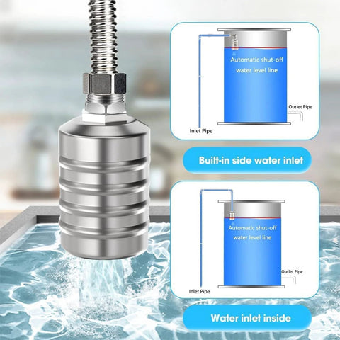 Auto water level float valve, 304 stainless steel, front view with top-entry and side water inlet.