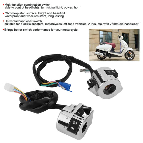 Universal 25mm Motorcycle Handlebar Switch Pair Headlight Turn Signal and Horn Control Set Tactile Rubber Buttons displayed with wiring.