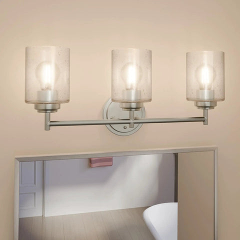 Three Light Vanity Light in Brushed Nickel with Clear Seeded Glass above mirror, modern transitional bath fixture, 21.5 inch wide
