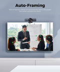 Top Shelf 4K AI Conference Webcam With Smart Auto Framing For Small Meeting Rooms And Zoom Certified Virtual Teams capturing a meeting.