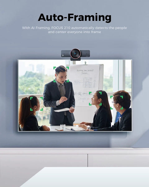 Top Shelf 4K AI Conference Webcam With Smart Auto Framing For Small Meeting Rooms And Zoom Certified Virtual Teams capturing a meeting.