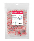 Front view of Kuject 100pcs red solder-seal wire connectors for AWG 22-18 in a clear plastic bag