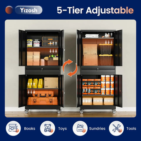 Heavy Duty Metal Garage Storage Cabinet With Locking Doors And Adjustable Shelves 73 Inch Rolling Tool Cabinet With Four Wheels And One Drawer For Garage And Warehouse Black, open to show contents with books, tools, and sundries.