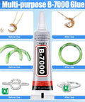 Multi-purpose B-7000 glue with jewelry examples before and after using Clear Rhinestone Glue for Jewelry and Crafts, 15ml tube