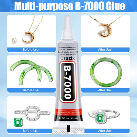 Multi-purpose B-7000 glue with jewelry examples before and after using Clear Rhinestone Glue for Jewelry and Crafts, 15ml tube