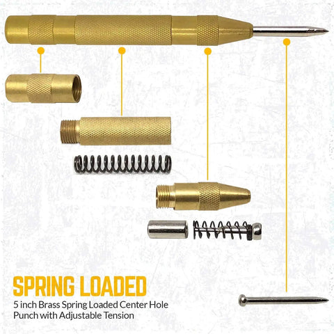 5 inch Brass Spring Loaded Center Hole Punch with adjustable tension and components laid out for detail.
