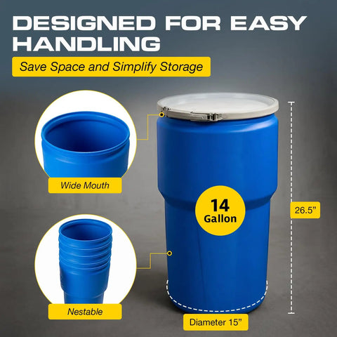 Blue 14 Gallon Plastic Drum for Hazardous Materials Storage and Spill Response DOT Compliant Open Head Drum with Removable Lid