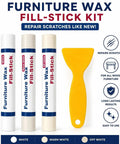 Premium Wood Filler Sticks in white, warm white, off white, with a yellow scraper for scratch repair on furniture.