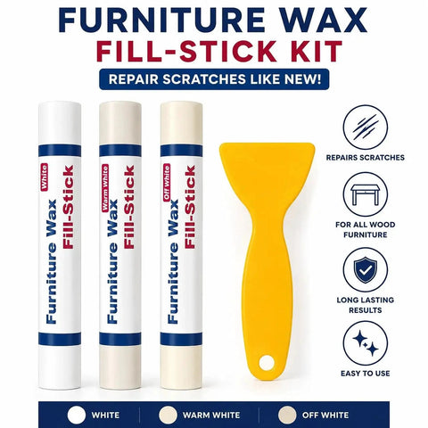 Premium Wood Filler Sticks in white, warm white, off white, with a yellow scraper for scratch repair on furniture.