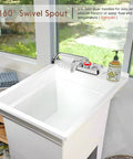 Leak-Free 6-Inch Swivel Bar Sink Faucet With Ceramic Valve Cartridge, 4-Inch Center Deck Mount on a utility sink with view outside.