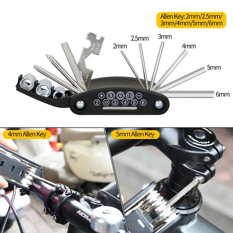 16 In 1 Bike Multitool For On The Go Repairs Portable Folding Bicycle Tool Kit with hex keys, wrenches, and extension rod.