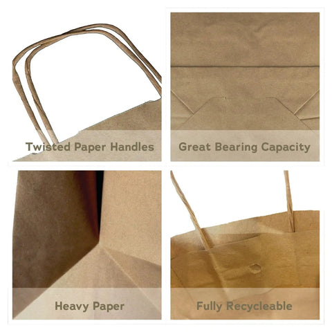 Go-To Heavy-Duty Kraft Paper Gift Bags In Brown With Reinforced Block Bottom, twisted handles, recyclable, collage detail