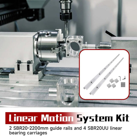 SBR20 2200mm Linear Rail Guide Kit With 2 Rails And 4 SBR20UU Carriages in CNC setup, durable carbon steel, corrosion-resistant